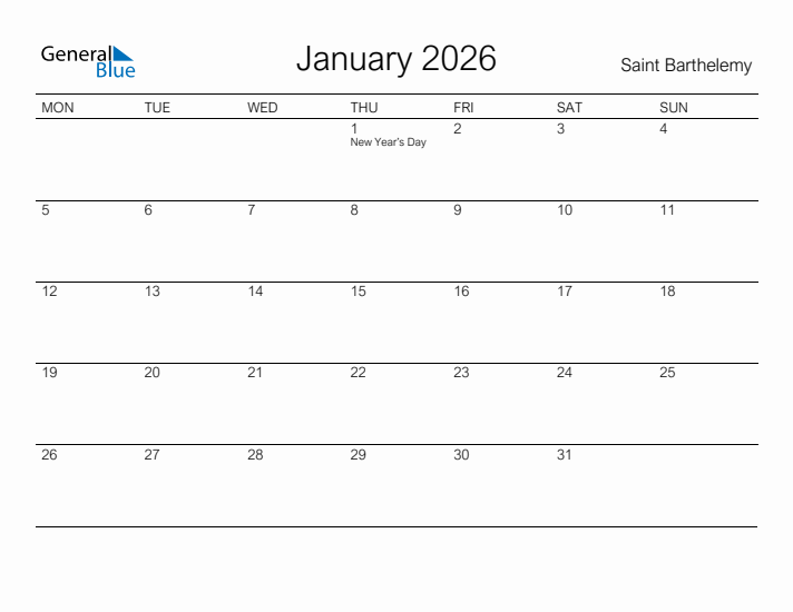 Printable January 2026 Calendar for Saint Barthelemy