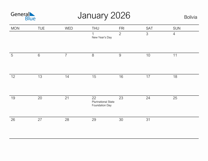 Printable January 2026 Calendar for Bolivia