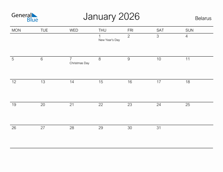 Printable January 2026 Calendar for Belarus