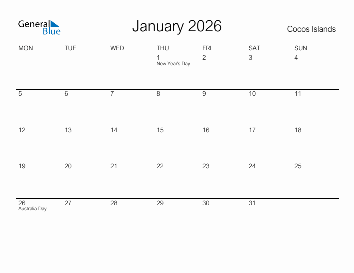 Printable January 2026 Calendar for Cocos Islands