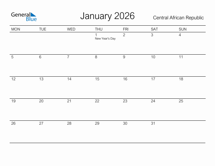 Printable January 2026 Calendar for Central African Republic