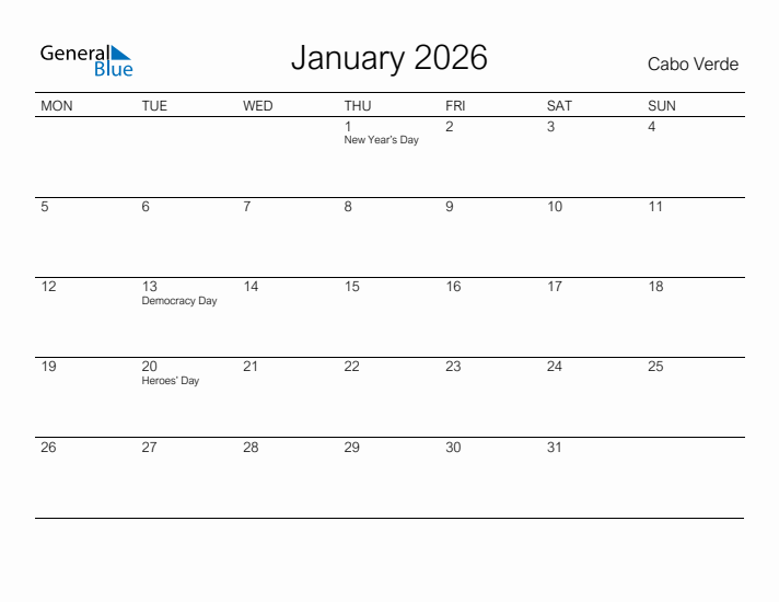Printable January 2026 Calendar for Cabo Verde