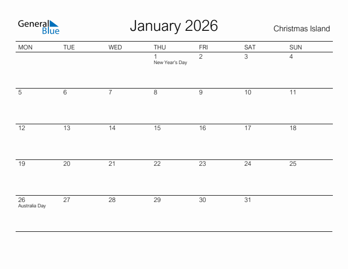 Printable January 2026 Calendar for Christmas Island