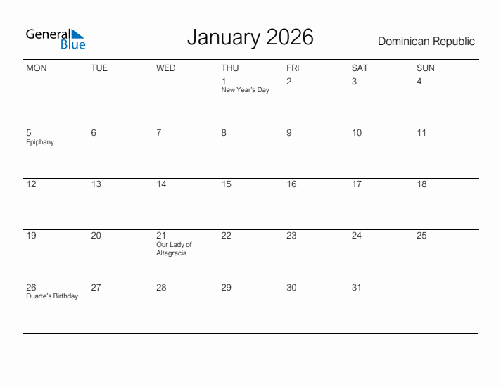 Printable January 2026 Calendar for Dominican Republic