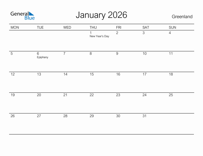 Printable January 2026 Calendar for Greenland