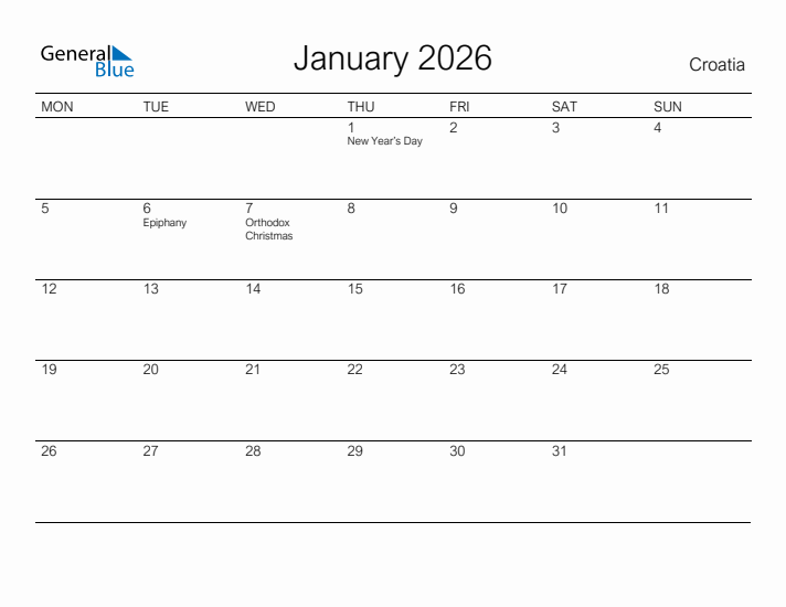 Printable January 2026 Calendar for Croatia