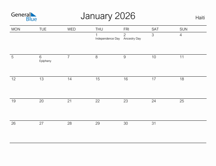 Printable January 2026 Calendar for Haiti
