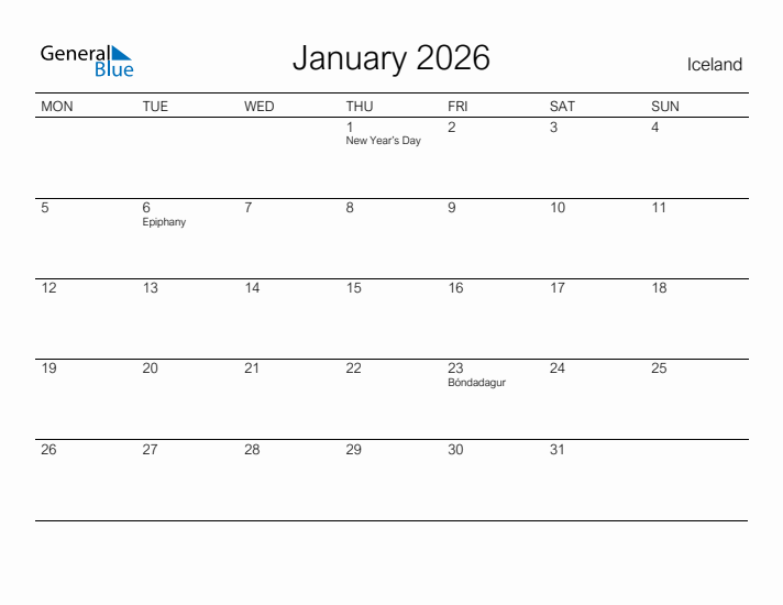 Printable January 2026 Calendar for Iceland