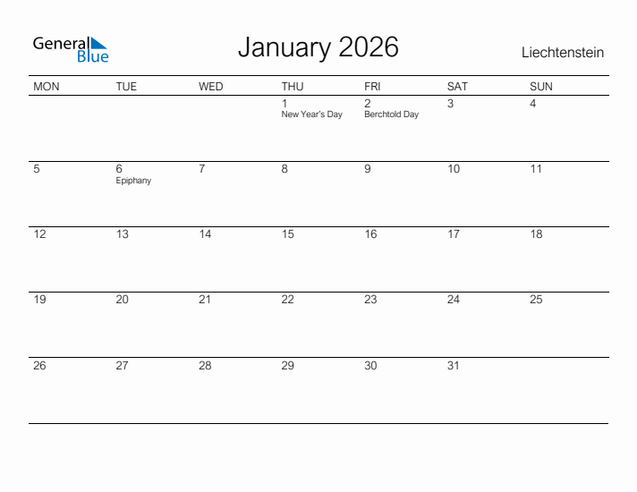 Printable January 2026 Calendar for Liechtenstein