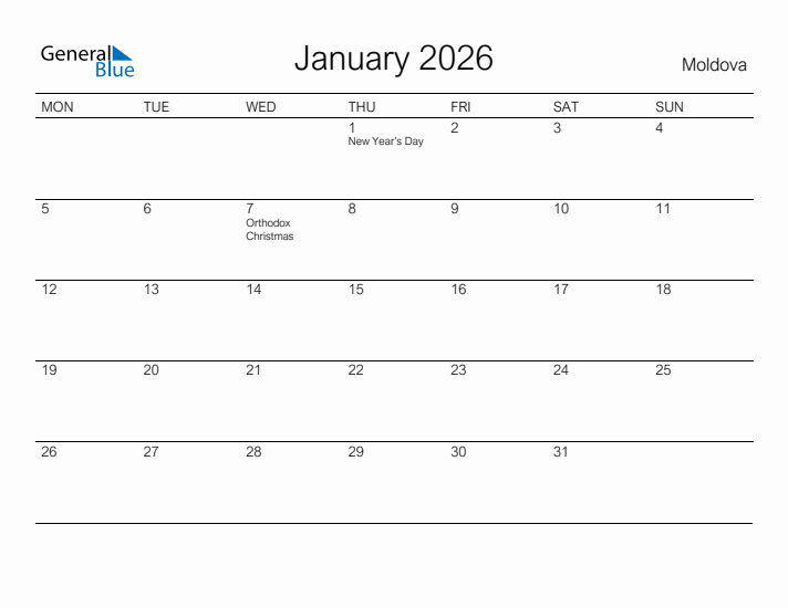 Printable January 2026 Calendar for Moldova