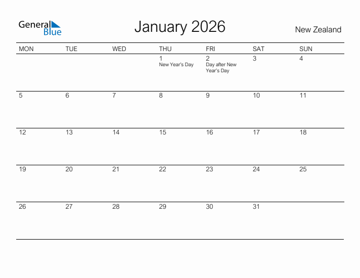 Printable January 2026 Calendar for New Zealand