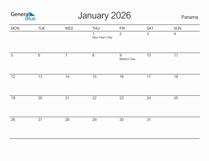 Printable January 2026 Calendar for Panama