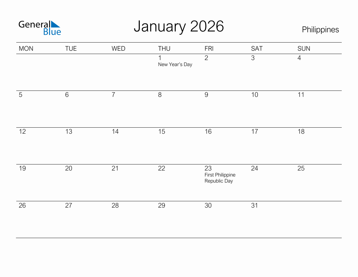 Printable January 2026 Monthly Calendar with Holidays for Philippines