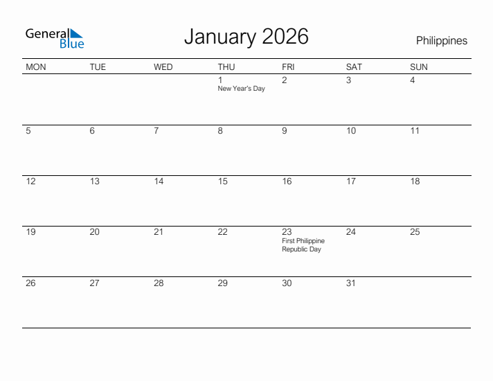 Printable January 2026 Calendar for Philippines