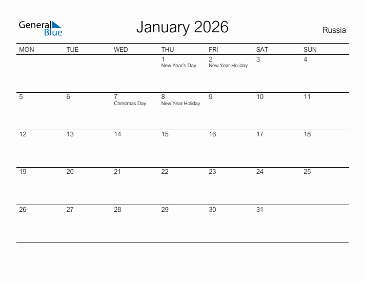 Printable January 2026 Calendar for Russia