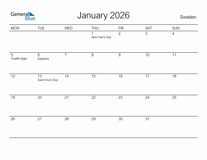 Printable January 2026 Calendar for Sweden