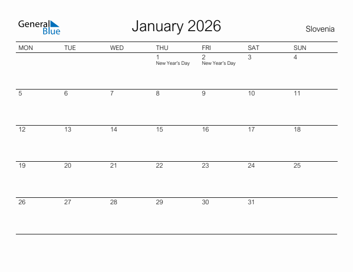 Printable January 2026 Calendar for Slovenia