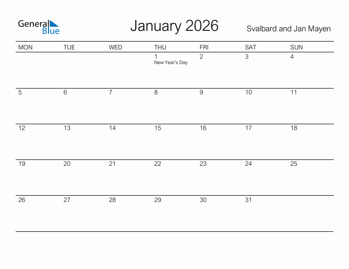 Printable January 2026 Calendar for Svalbard and Jan Mayen