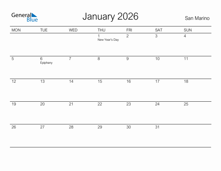 Printable January 2026 Calendar for San Marino