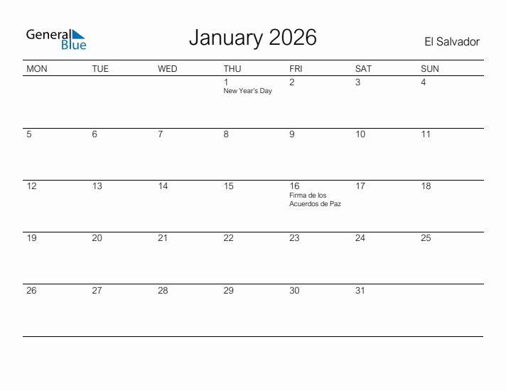 Printable January 2026 Calendar for El Salvador