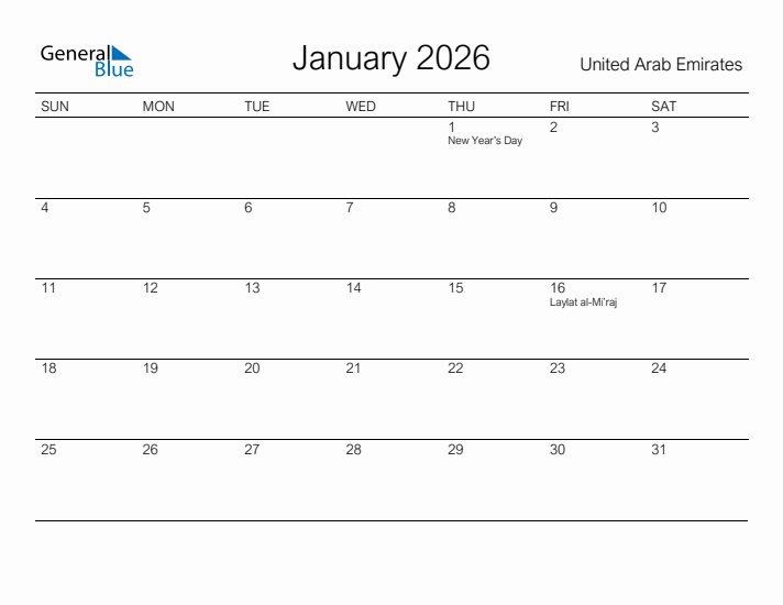 Printable January 2026 Calendar for United Arab Emirates