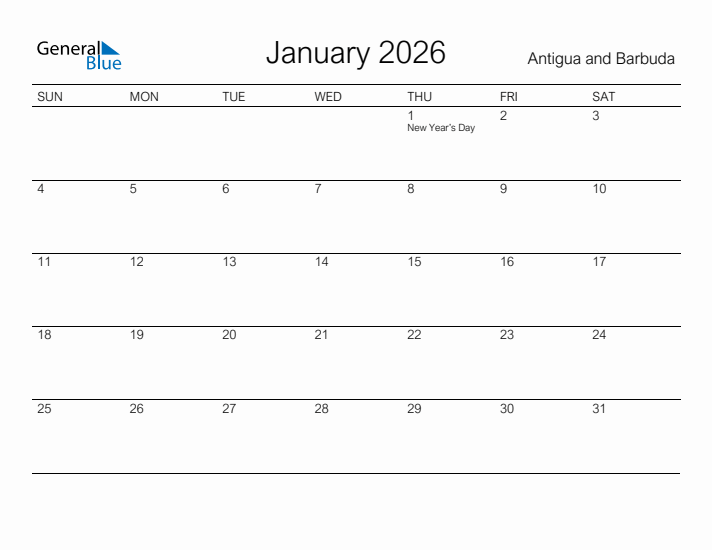 Printable January 2026 Calendar for Antigua and Barbuda