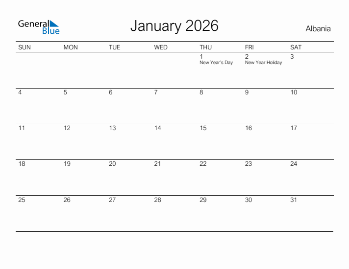 Printable January 2026 Calendar for Albania