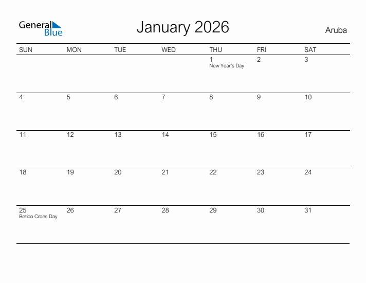 Printable January 2026 Calendar for Aruba