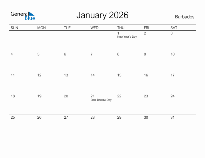 Printable January 2026 Calendar for Barbados