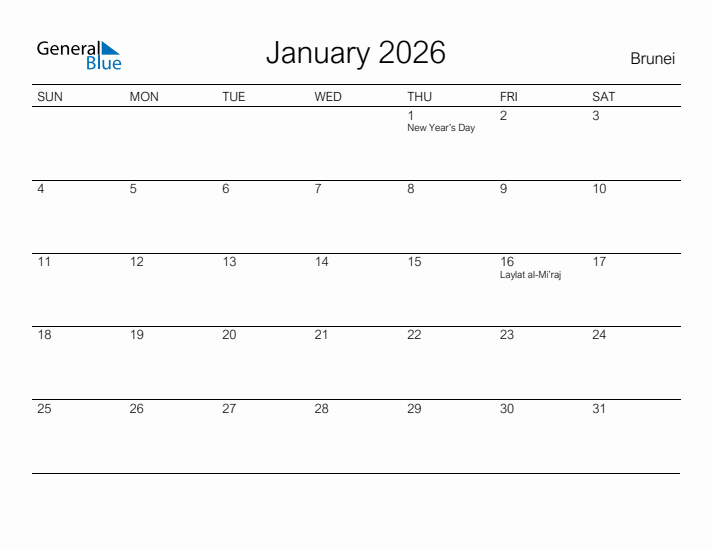 Printable January 2026 Calendar for Brunei