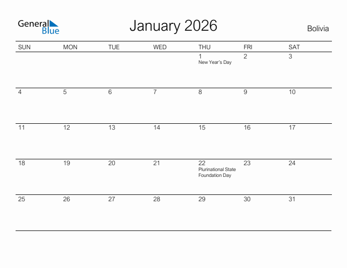 Printable January 2026 Calendar for Bolivia