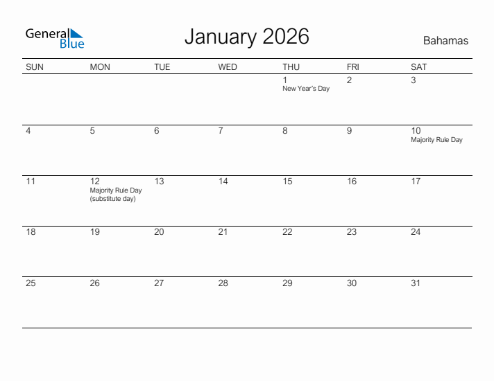 Printable January 2026 Calendar for Bahamas