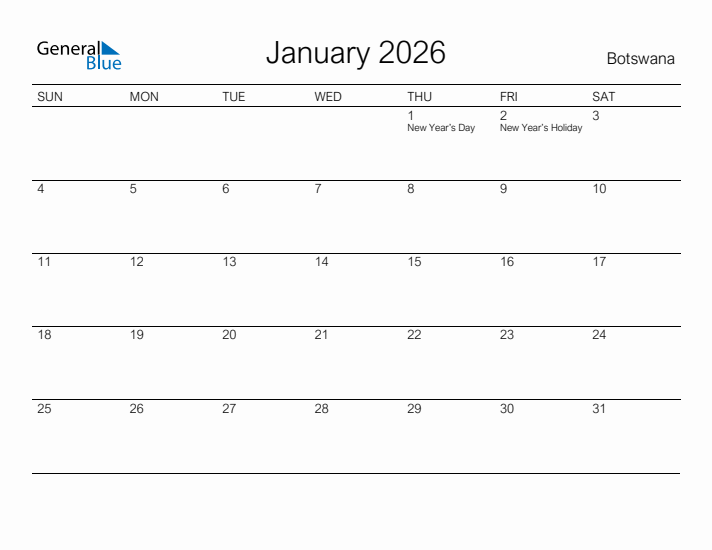 Printable January 2026 Calendar for Botswana