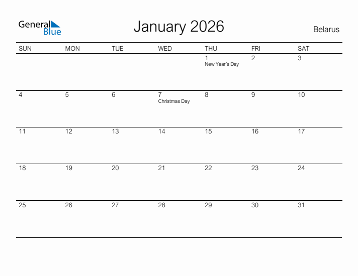 Printable January 2026 Calendar for Belarus