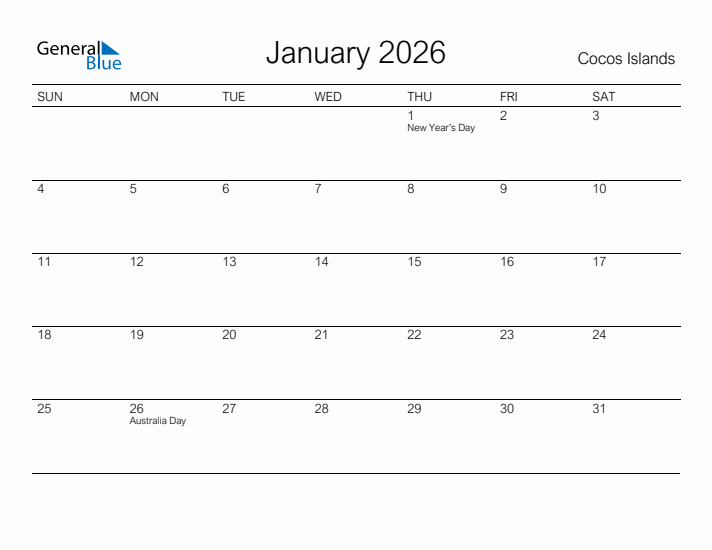 Printable January 2026 Calendar for Cocos Islands