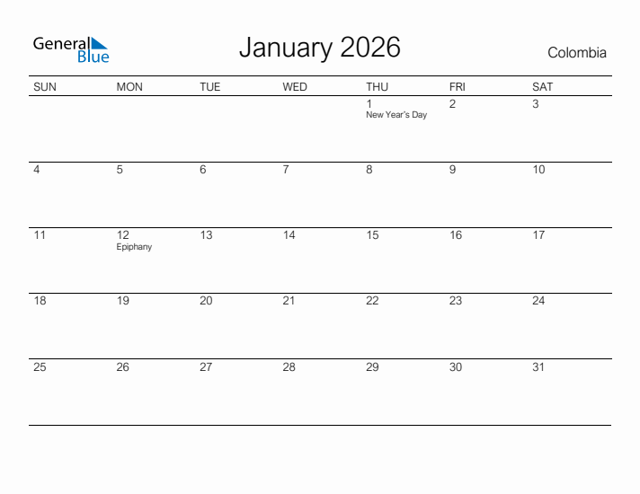 Printable January 2026 Calendar for Colombia
