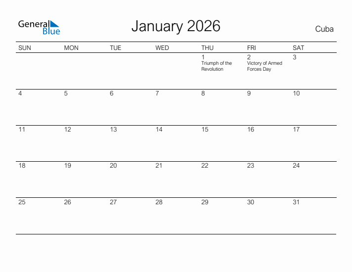 Printable January 2026 Calendar for Cuba