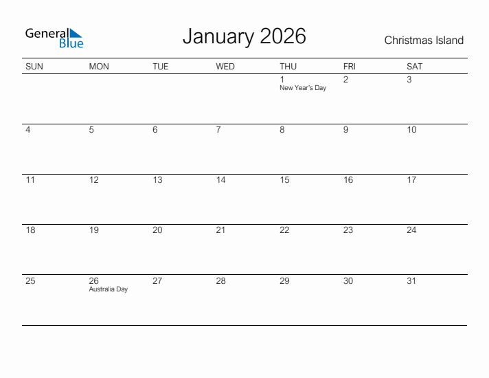Printable January 2026 Calendar for Christmas Island