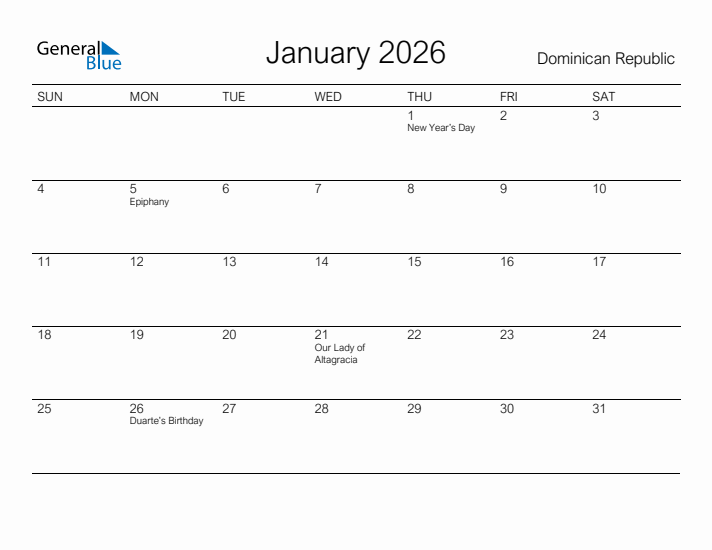 Printable January 2026 Calendar for Dominican Republic
