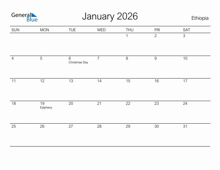 Printable January 2026 Calendar for Ethiopia