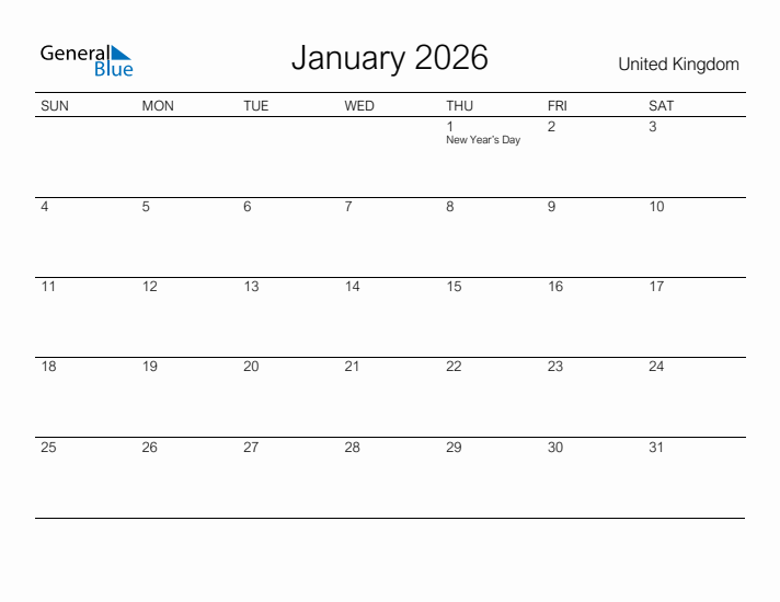 Printable January 2026 Calendar for United Kingdom