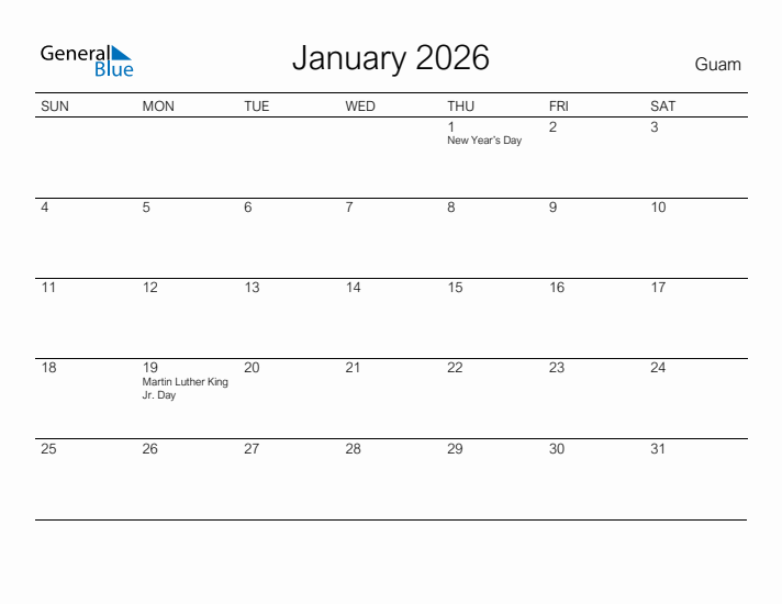 Printable January 2026 Calendar for Guam