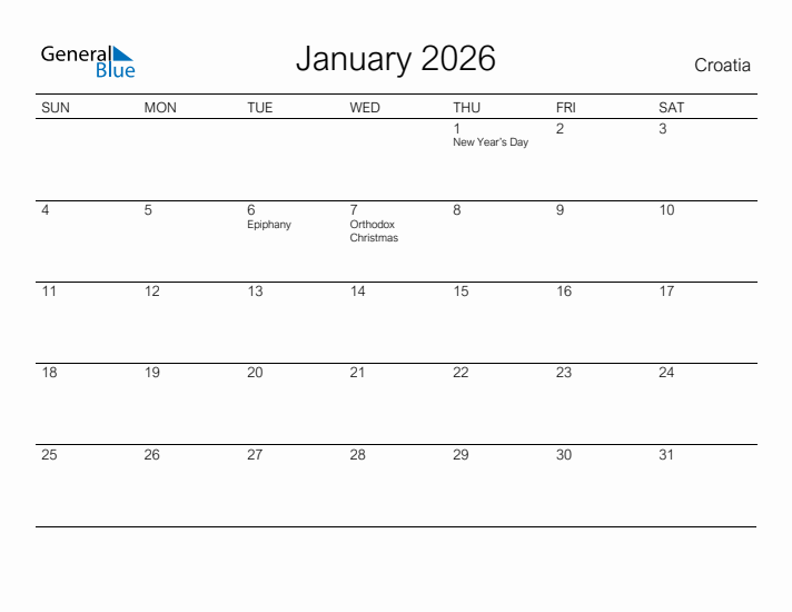 Printable January 2026 Calendar for Croatia