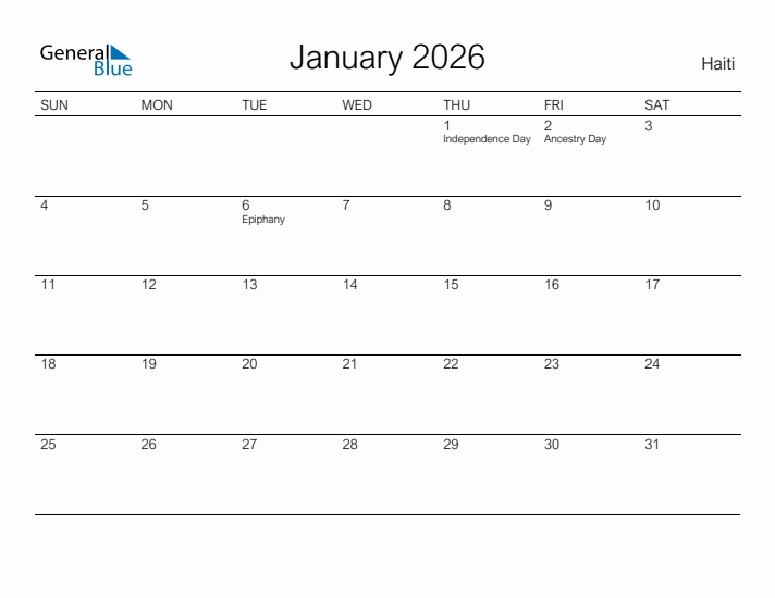 Printable January 2026 Calendar for Haiti