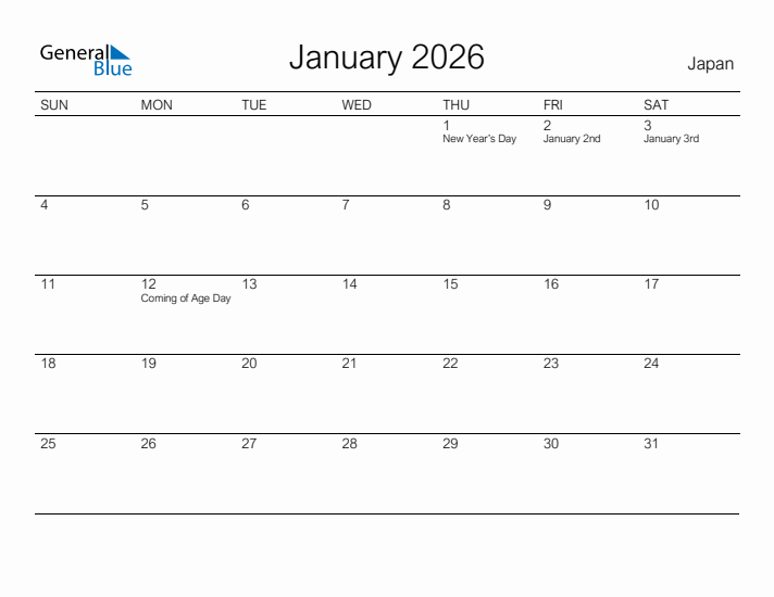 Printable January 2026 Calendar for Japan