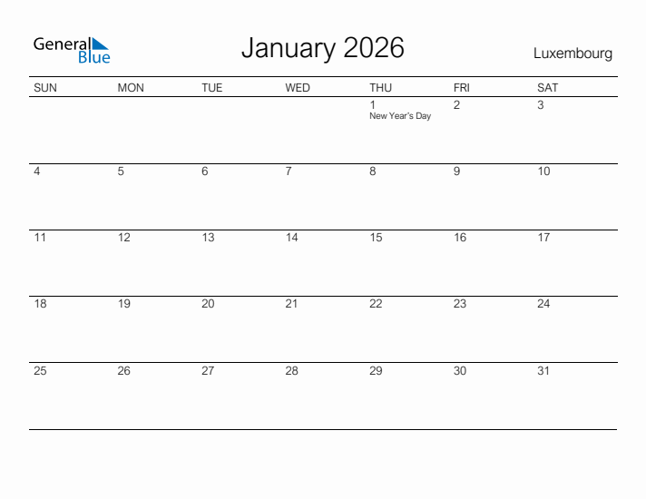 Printable January 2026 Calendar for Luxembourg