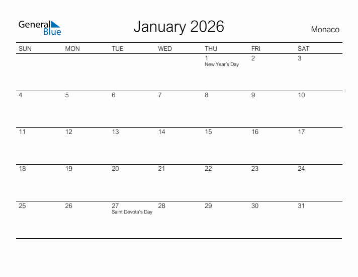 Printable January 2026 Calendar for Monaco