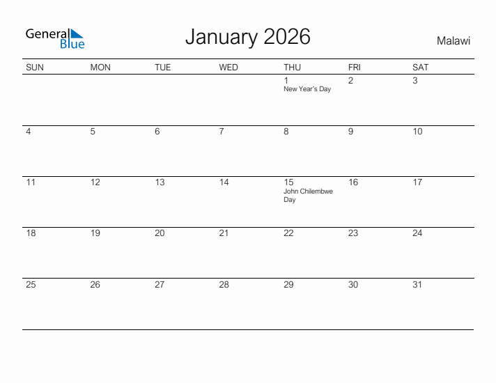 Printable January 2026 Calendar for Malawi