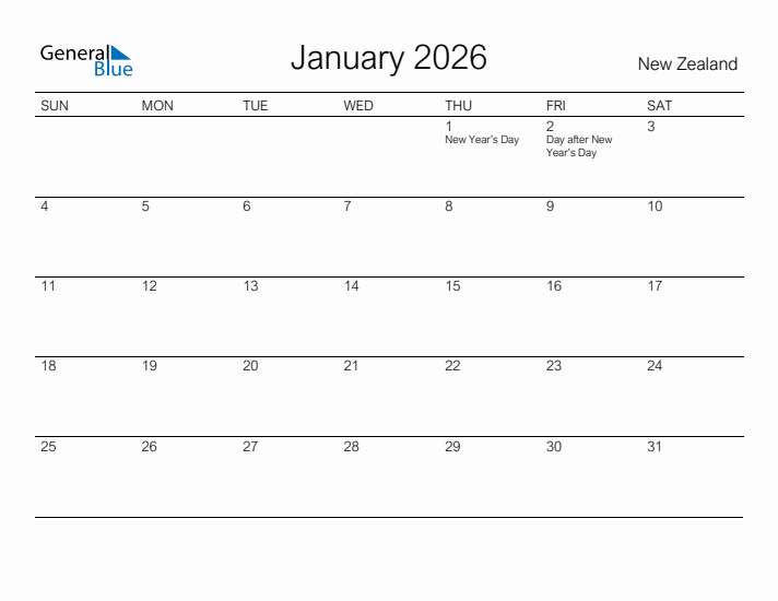 Printable January 2026 Calendar for New Zealand