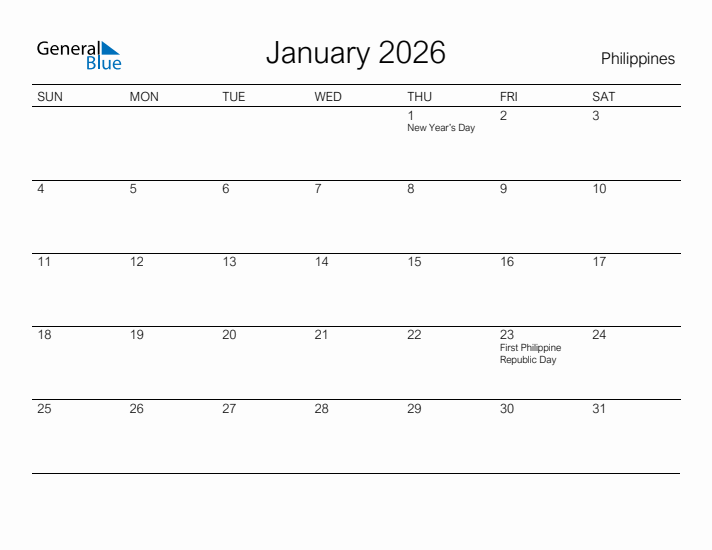 Printable January 2026 Calendar for Philippines